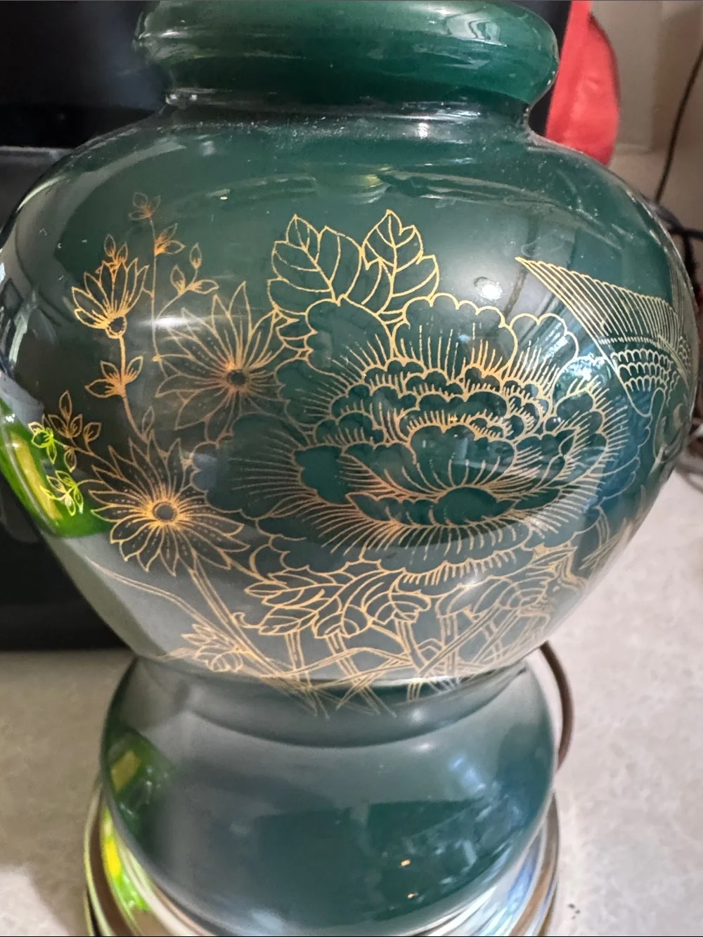 Teal Glass lamp with Gold Bird Motif